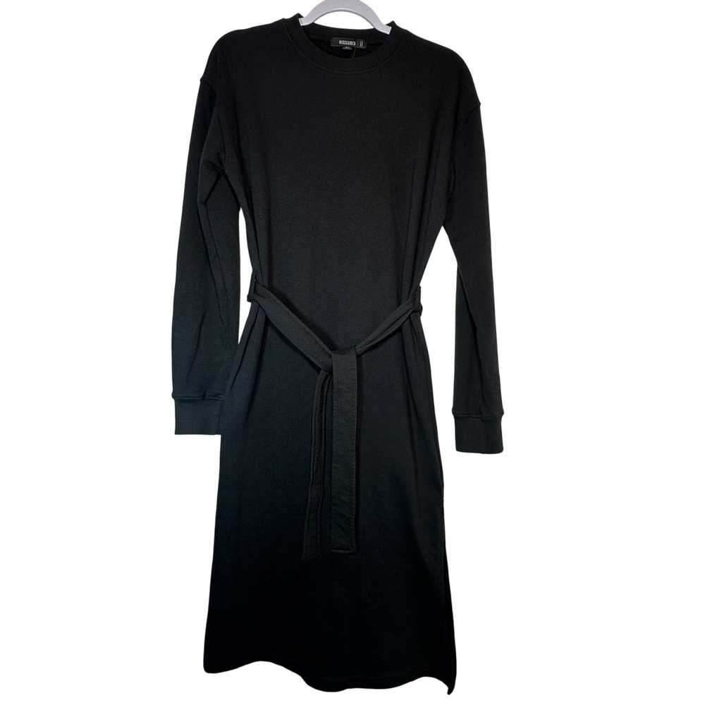 Missguided Black Long Sleeve Tie Waist Sweatshirt Midi Dress US 2